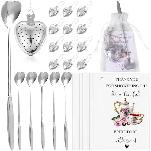 JiaUfmi 32 Set Tea Party Bridal Shower Favors for Guests Thank You Cards Heart Shaped Spoon Small Infuser Ball Steeper for Loose Tea Organza Bags and Hemp Rope For Wedding Souvenirs (Silver)