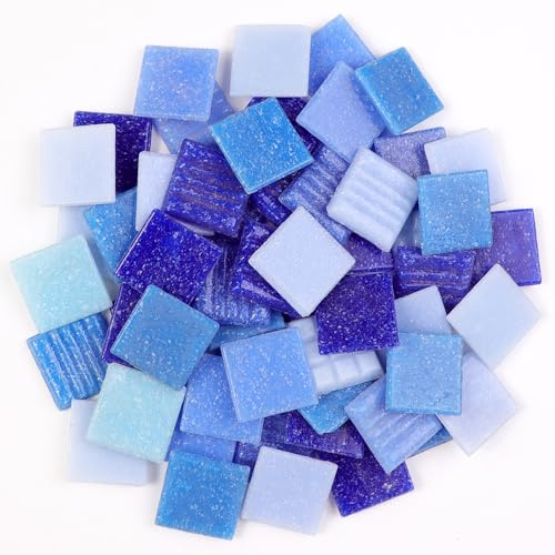 2cm (3/4) Square Vitreous Glass Mosaic Tiles for Crafts Bulk, 1 LB Colorful Mix Quartz Glass Tiles for DIY Art Crafts Kit Adult Kids and Home Deco (Blue Mix)