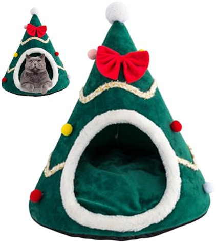 SMELEYOU Cuccia per Gatti con Albero di Natale e Cuccia in Peluche Staccabile, Morbida e Calda, Adatta per Cani e Gatti di Piccole Dimensioni