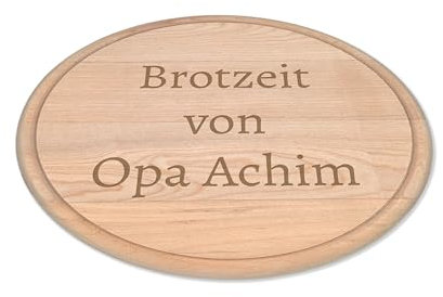 Rundes Schneidebrett mit Gravur - individueller Name, Text oder Spruch - Bambus, Ø 25cm, personalisiertes Frühstücksbrettchen mit Saftrille, Brotzeit-Brett (Buchenholz)