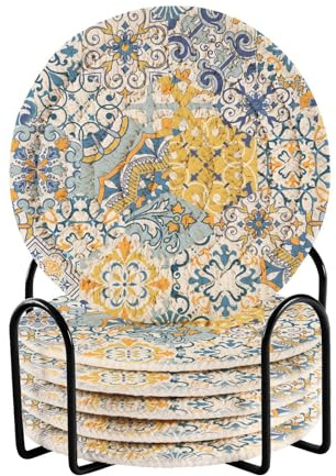 Bunte Majolica Gaudi Tassen-Untersetzer für Couchtisch mit Halter, 6 Stück, Heim-Untersetzer, Einweihungsgeschenk, Porta Vasos
