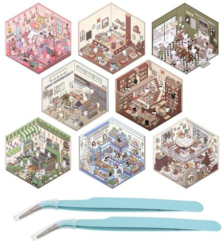 8 Sets DIY 3D House Stickers - Sticker Therapy Kit for Adults, Create Your Own Coffee Shop, Restaurant, Bookstore, Supermarket Scenes - Fun Stacking DIY Sticker Decorations