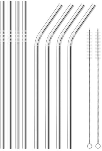 WOLMIK Stainless Steel Straws - 8 PCS Reusable Metal Straws Drinking, 300 MM Eco-Friendly Stainless Steel Drinking Straws for Cocktail, Milkshake, Cold & Hot Drinks - 4 Straight + 4 Bent + 2 Cleaners