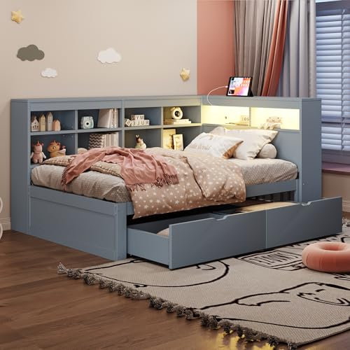 Massivholzsofa 90 * 200 cm, Mit Ablagefächern, Bett mit USB- und Steckdose mit L-E-D-Leiste, Mit Regalen und Ablagefächern, Viel Stauraum, Multifunktionales Einzelholzbett, Grau