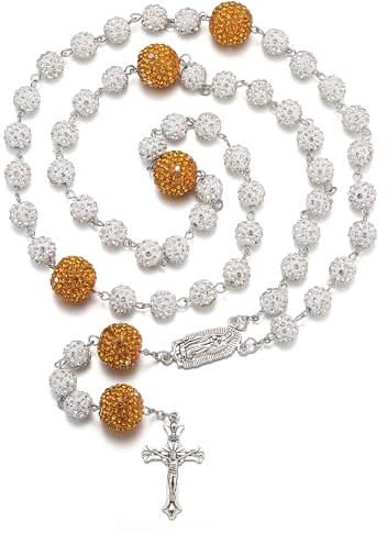 RWQIAN Rosenkranz Katholische Halsketten Damen Herren Bling gold Rosenkranz Perlen Kette mit Kreuz Anhänger Erste Heilige Kommunion Taufe Geschenk Religiöse Gebetskette Schmuck für Mädchen Jungen