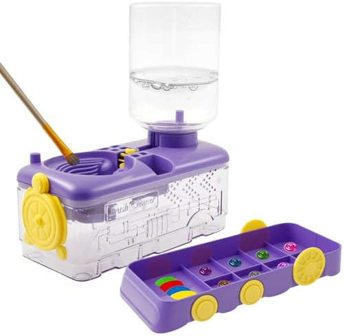 Cartoon Paint Brush Cleaner Box, 3 in 1 Locomotive Shape Painting with Palette, Holder and Water Reservoir Jar, Paintbrush Cleaning Tool for Acrylic, Watercolour, Waterborne Paints