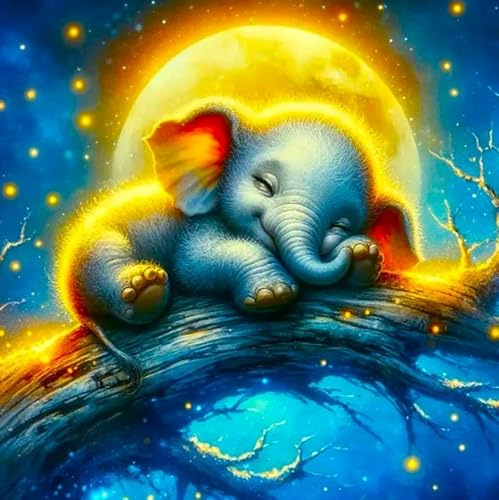 Picmondoo Diamond Painting - 30x30cm - Mondschein Elefant | quadratische Harzsteine, AB-Steine, Strass- & Metallicfarben, klares Raster, Stift, Wachs & Schale für entspanntes DIY
