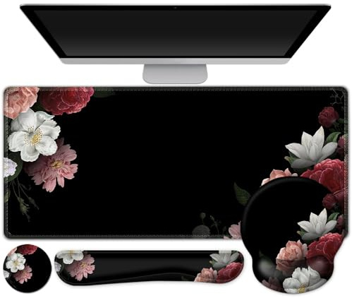 AIMSA Mauspad, große schwarze Schreibtischunterlage, XXL-Mauspad + Tastatur-Handgelenkauflage + ergonomische Maus-Handgelenkauflage + Untersetzer-Set, 4-in-1-Schreibtischunterlage für Zuhause, Büro