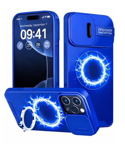 OnTheGo. Hülle für iPhone 15 Pro, Stoßfest Armor Handyhülle, Magnetisch, 360° Ring Ständer, Kameraabdeckung Schiebbar, Kratzfest, rutschfest, Blau