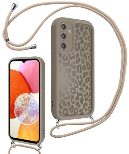 Xylota Coque avec Cordon pour Samsung Galaxy A14 4G/5G, Aesthetic Léopard Motif Etui avec Réglable Collier Silicone Corde Protection Bumper Case, Lanyard Antichoc Housse pour Samsung A14 6,6'', Marron