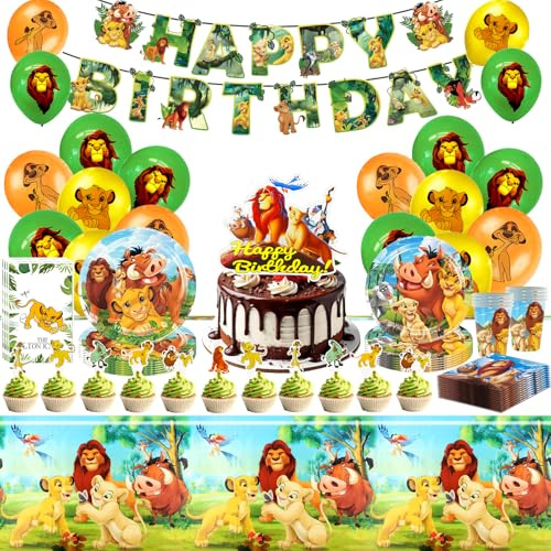 105 Stück könig löwen Geburtstagsdeko, Partygeschirr Pappteller Kindergeburtstag Party Teller Becher Ballon Geburtstag Deko für 10 Personen