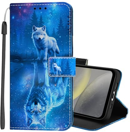 Lonrapa Handyhülle für Samsung Galaxy A52 5G / A52 4G / A52s 5G Hülle Premium Lederhülle Muster Flip Case Tasche Magnet Kartenfach Standfunktion Stoßfest Klapphülle Schutzhülle - Blau Wolf