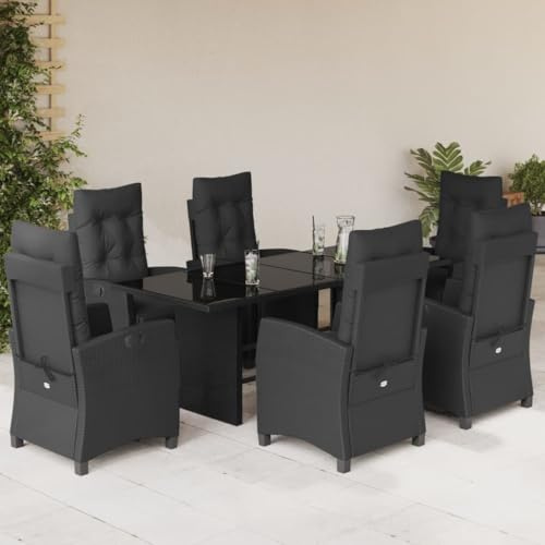 Tonture 7-TLG. Garten-Essgruppe Schwarz Poly Rattan, verstellbare Stühle, Glastisch, UV-beständig, mit Kissen, für Terrasse, Balkon, Außenbereich