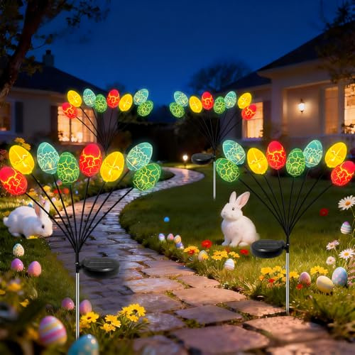 Solar-Ostereier-Lichter (4 Stück) – wasserdichte Gartenleuchten für den Außenbereich mit schwankendem Glühwürmchen-Effekt, Solar-Pfohllichter für Rasen, Hof, Veranda und Terrasse Dekor