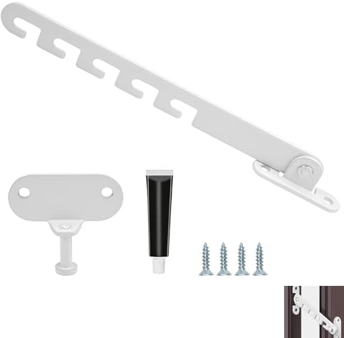 Entrebâilleur de Fenêtre, Limiteur Ouverture Fenetre à Battant Réglable en Métal, Limiteur d’Ouverture Multi-Positions avec Crochet de Sécurité, Verrou Anti-Claquage pour Fenêtres PVC Aluminium, Blanc