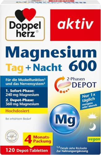 Doppelherz Magnesium 600 Tag und Nacht 2-Phasen-DEPOT | Magnesium trägt zur normalen Muskelfunktion bei - Hochdosiert - nur 1x täglich morgens oder abends - 120 DEPOT-Tabletten