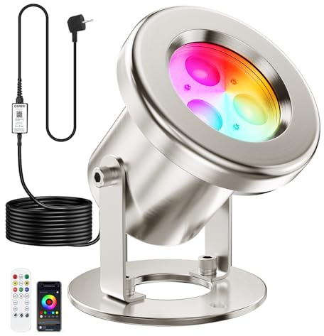 OSREE Teichbeleuchtung Edelstahl SS316 LED, 6W Unterwasserbeleuchtung Teich mit 9,5M Kabel und 12V Transformator, RGB Teichlampen Unterwasser mit APP für Gartenteich, Bach, Koiteiche