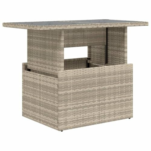 Mhdvray Gartentisch Höhenverstellbar Poly-Rattan Hellgrau 100x55x73 cm, Moderner Glas-Outdoor-Tisch, Wetterfeste Balkon-Loungemöbel für Garten Terrasse und Balkon