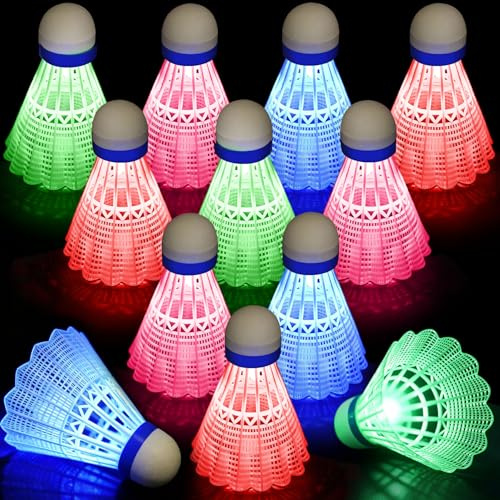 GothicBride Forbabe 12 Stück LED Federballsatz, Nachtleuchtende Badminton Bälle aus Nylon, Perfekt für Garten & Strand Spiele bei Dunkelheit, Robustes Design für Training & Freizeit, Bunt