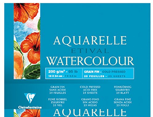 Clairefontaine 96453C Aquarellblock Etival (4-seitig verleimt, 25 Blatt, 200g, für alle Nasstechniken geeignet, feinkörnig, 100% Zellulose, 18 x 24 cm) weiß
