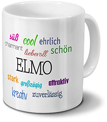 Tasse mit Namen Elmo - Motiv Positive Eigenschaften - Namenstasse, Kaffeebecher, Mug, Becher, Kaffeetasse - Farbe Weiß