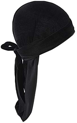 iSpchen Damen Herren Durag Piratenkappe Samt Long Tailed Turban Hut Chemo Cap Retro Kopftuch Unisex Stirnband Schwarz