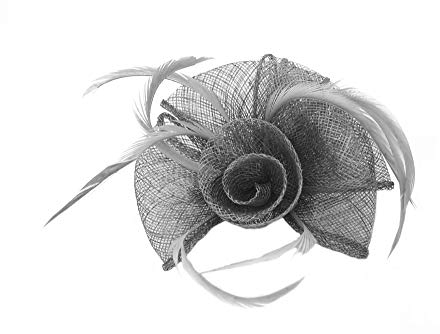 Pince Broche Fleur Plumes Sinamay Mariage Gris