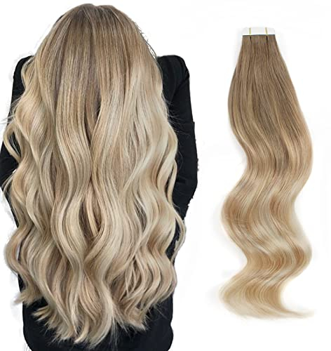 ABH AMAZINGBEAUTY HAIR Tape In Extensions Blond Menschenhaar Unsichtbare Sonnengeküsste Balayage Tape in Haarverlängerungen Highlight Aschbraun Übergehend in Schmutzigblond mit #B8-18-60 45 cm 50G