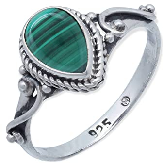 mantraroma Silber Ring Damen 925 Malachit Edelstein grün ausgefallen verspielt