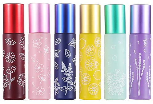 Alledomain 6Pcs 10ml Essential Oil Roller Bottles - Refillable Empty Colorful Printed Frosted Glass Roll on With Stainless Steel Balls - Includes Dropper & Opener