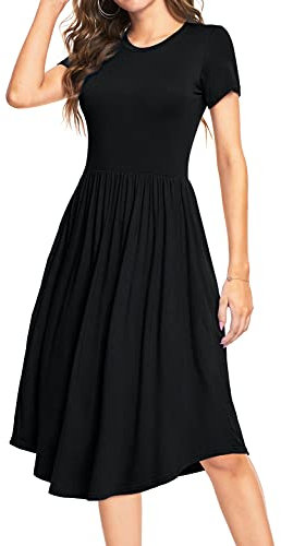 YUNDAI Women Summer Midi Dress Short Sleeve Ladies Dress Crew Neck Floral Plain Beach Party Dresses with Pocket