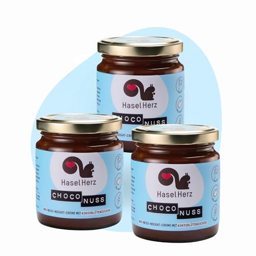 Hasel-Herz Bio Nuss-Nougat-Creme Brot-Aufstrich 3 Gläser x 220g | Gesüßt mit Kokosblütenzucker, ohne Palmöl | 35% Nussanteil, kontrollierter biologischer Anbau, nicht vegan