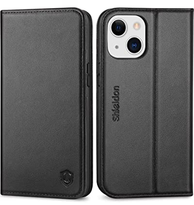 SHIELDON Wallet Case for iPhone 13 Mini, Genuine Leather Flip Case [Card Slots][RFID Blocking][Magnetic Closure]Kickstand[TPU Shockproof] Folio Cover Compatible with iPhone 13 Mini 5.4 5G 2021, Black