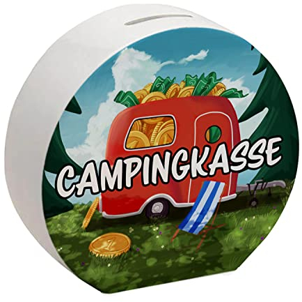 Spardose aus Keramik mit Camper Motiv und Text - Wohnwagen im Wald Campingkasse für Camper und für die nächste Reise eine lustige Geschenkidee für Menschen die gerne mit dem