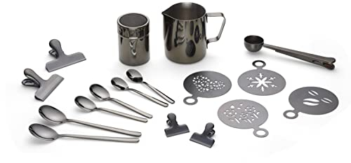 Echtwerk Kaffeezubehör-Set, 23-tlg, Milchschaumkännchen 350 ml, Kakaostreuer, 4x Espresso-, 4x Cappuccino-, 4x Latte Macchiato-Löffel, 4x Kaffeeclips, 4x Kaffeeschablonen, Kaffeemesslöffel, Schwarz