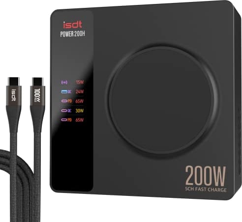 ISDT Power 200 Serie USB C Ladegerät,200W Handy Ladegerät mit 4 USB+1 Kabelloses Ladegerät,APP-Verbindung LCD Display PD 3.1 Schnelles Ladegerät Kompatibel mit iPhone,iPad,MacBook usw (Power 200H)
