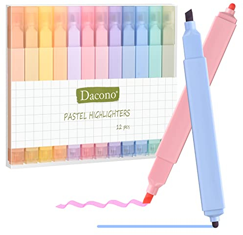 Dacono Dual Tips Textmarker, 12 Pcs Ästhetische Textmarker Assorted Farben Pastell Set, keine Bleed Square Textmark-er Marker Stifte für Journal Planer Notizen Schule Bürobedarf