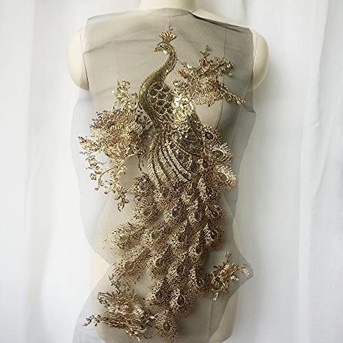 Gold Pailletten Bestickt Pfau Vögel Applikation Spitze Stoff Trimmen Nähen Patch Brautkleid Kleid DIY Handwerk