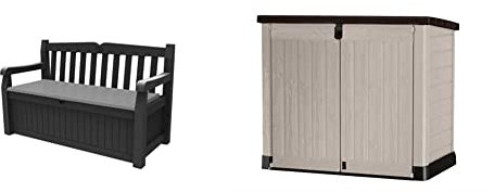 Keter Eden Bench 265L Outdoor Garden Storage Box Garden Furniture - Graphite and Grey & Store It Out Pro Outdoor Storage Shed, 145.5 x 82 x 123cm Beige/Brown