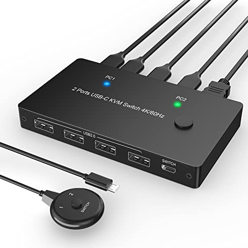 Switch KVM USB C 4K a 60 Hz, switcher USB C per 2 computer che condividono 1 monitor HD HDMI e 4 dispositivi USB, con erogazione di potenza da 100 W, switch USB-C con cavo USB-C, cavo HDMI 2.0