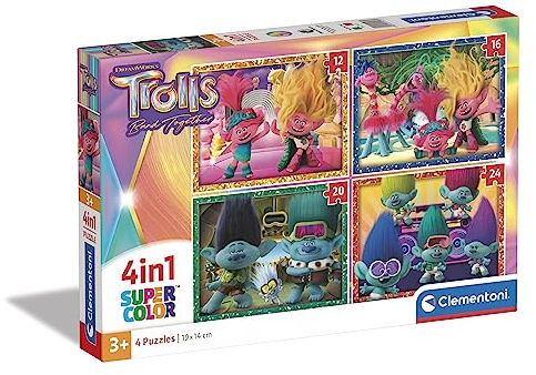 Clementoni - 21527 - Supercolor Puzzle 4 in 1 - Trolls 3 - Puzzle 12,16,20,24 Teile Ab 3 Jahren, Buntes Kinderpuzzle Mit Besonderer Leuchtkraft & Farbintensität, Geschicklichkeitsspiel Für Kinder