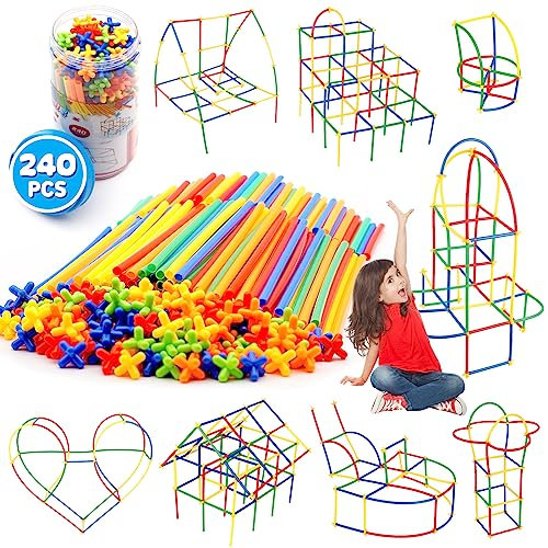 WYSWYG 240 Pieces Reusable Construction Tubes and Connectors Toys, Den Fort Building Kit for Kids Age 3+, Building Straw Construction Toys