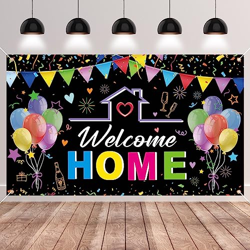 GRESATEK Welcome Home Hintergrund Banner, Willkommen Zuhause Banner Girlande Schwarz Dekorationen für Heimkehr, Familie, Rückkehr Familienfeiern Party Deko 185 * 110cm