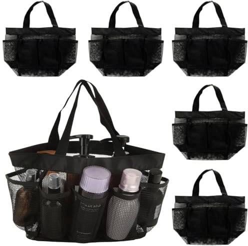 LDHHYH 6PCS Mesh Shower Caddy Bag, Portable Mesh Shower Bag, Quick Dry Mesh Shower Caddy Hanging with 8 Pockets, Mesh Shower Caddy for Beach Camping Gym Dorm Bathroom and Travel,Black