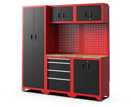 FEISTOS Werkstatteinrichtung Juno 2 | 1980x457x1981 mm Rot/Schwarz | Profi Werkbank & Werkzeugwand | 8 Teilig - Werkstattmöbel mit Arbeitsplatte | Garageneinrichtung mit Lochwand