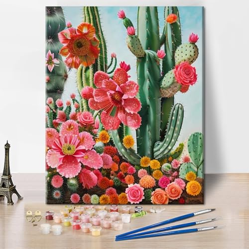 TISHIRON DIY Malen nach Zahlen für Erwachsene Kaktus und Blumen DIY Ölgemälde Pflanzen Malen nach Zahlen Kits Wanddekoration 16x20 inch (ohne Rahmen)