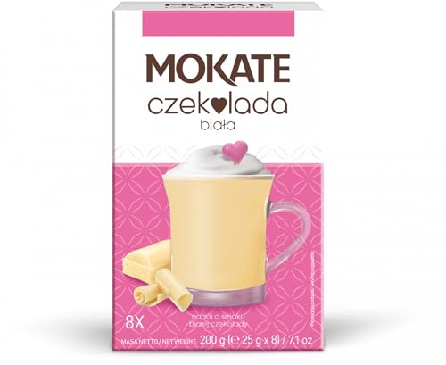 Mokate - Heiße Schokolade Weiß - 8 Sachets - Trinkschokolade, Cremiges Instant-Kakaogetränk mit Weißer Schokolade, Lösliches Getränkepulver, Einfach & Schnell Zubereitet - Hot Chocolate White - 200g