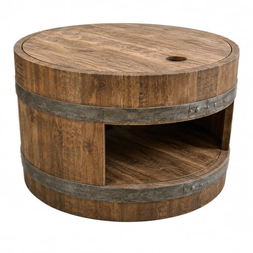 Fass-Schmiede Weinfass Couchtisch mit Holzdeckel mit Einlegeboden Beistelltisch Sofatisch (Rustikal)