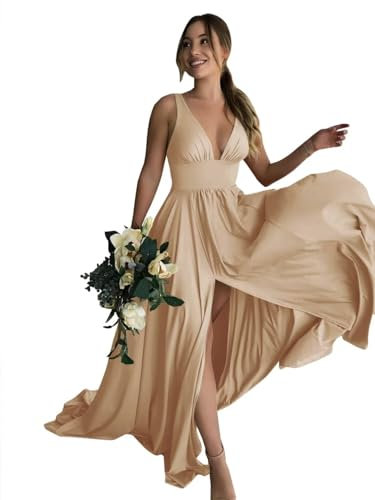 Babyonline D.R.E.S.S. Robe Longue Femme Demoiselle d'honneur Robe pour Mariage Invitée Femme à la Mode avec Fente Or 42