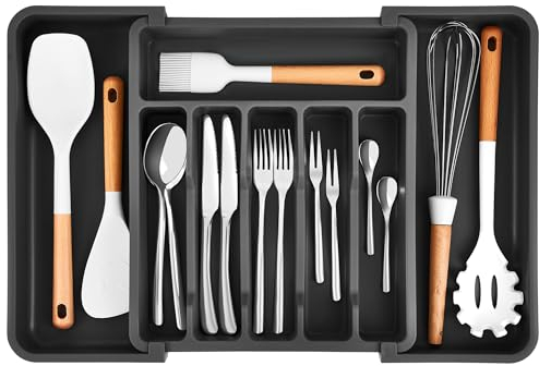 BANJILI-Besteckkasten für Schubladen, erweiterbarer Utensilienhalter für Schublade, Verstellbarer Besteckkasten, Kunststoff, kompakt Besteckeinsatz für schubladen aus Kunststoff für Löffel